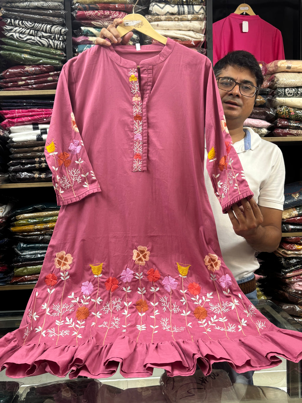 Pink Embroidered Cotton dress for women - image 3