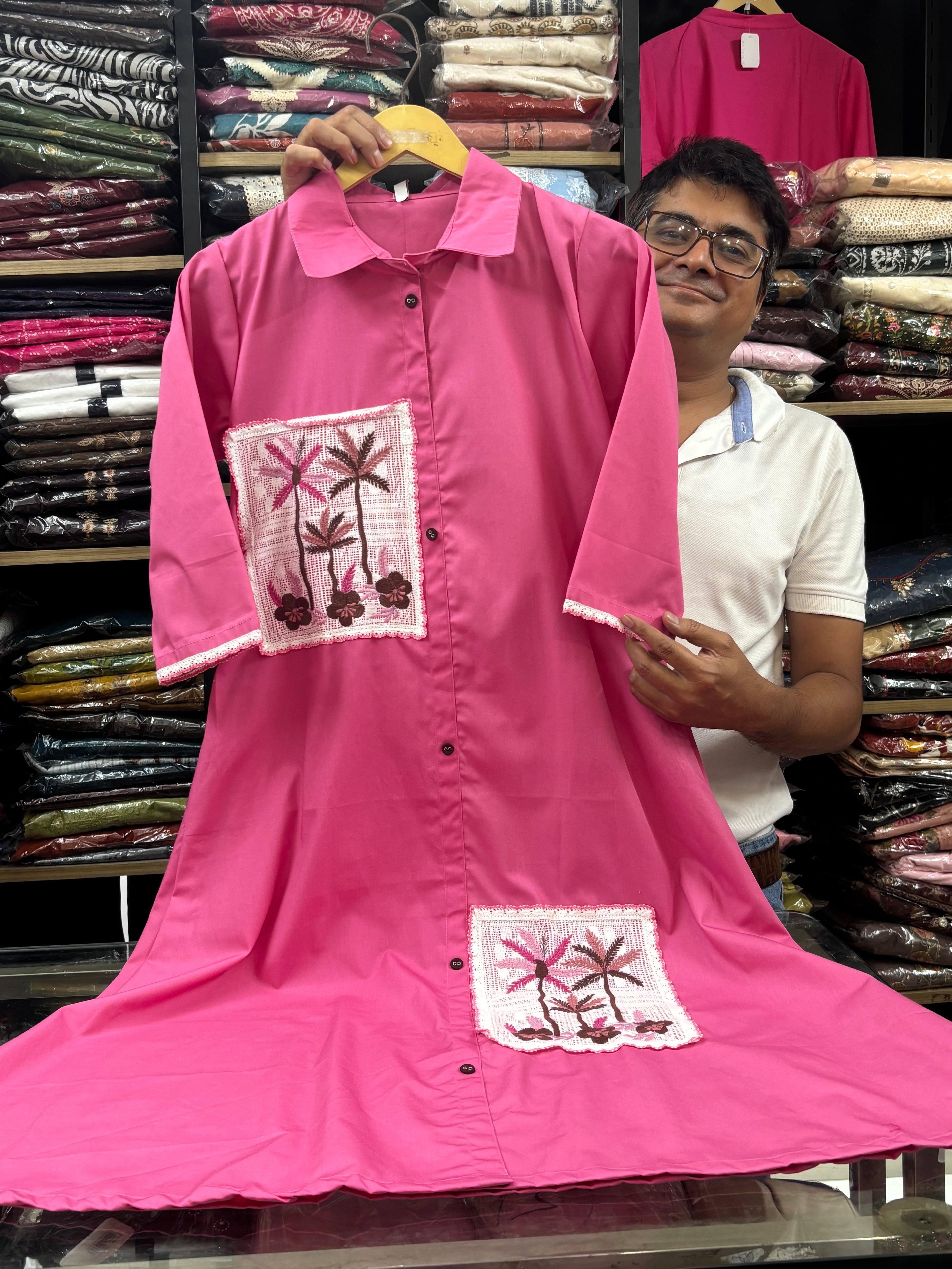 Pink Embroidered Cotton long dress for women - image 3