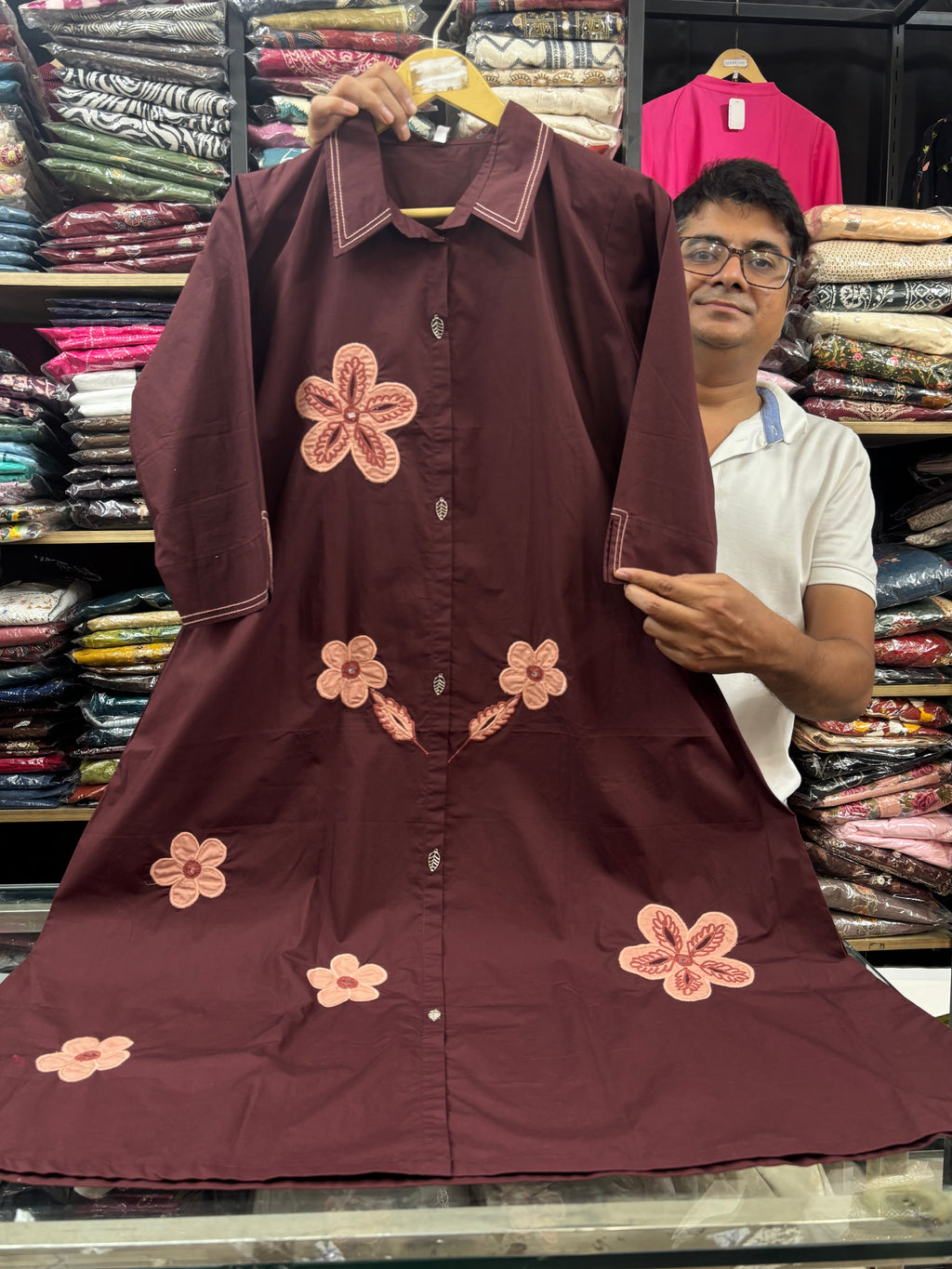 Maroon Embroidered Cotton dress for women - image 3