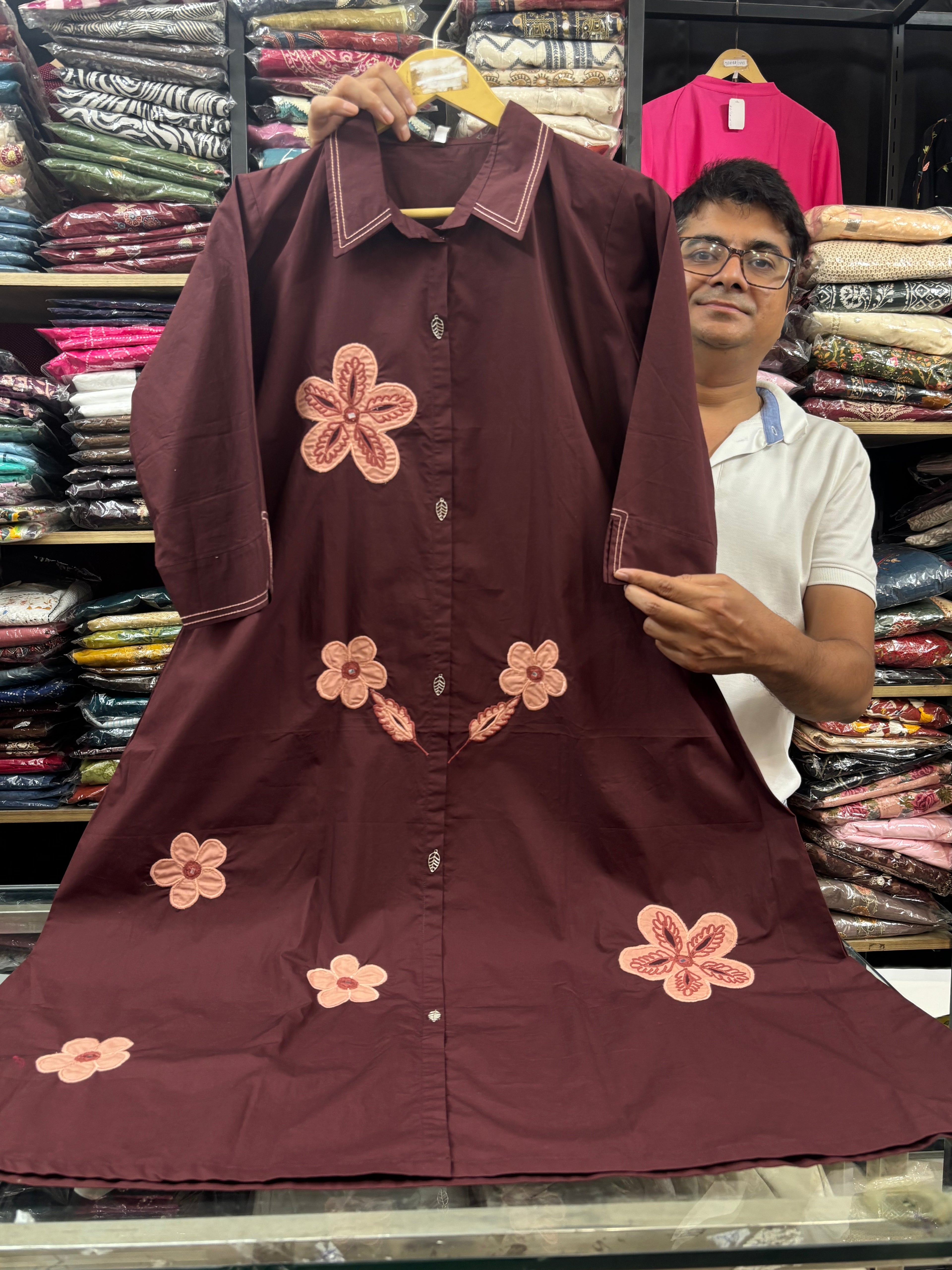 Maroon Embroidered Cotton dress for women - image 3