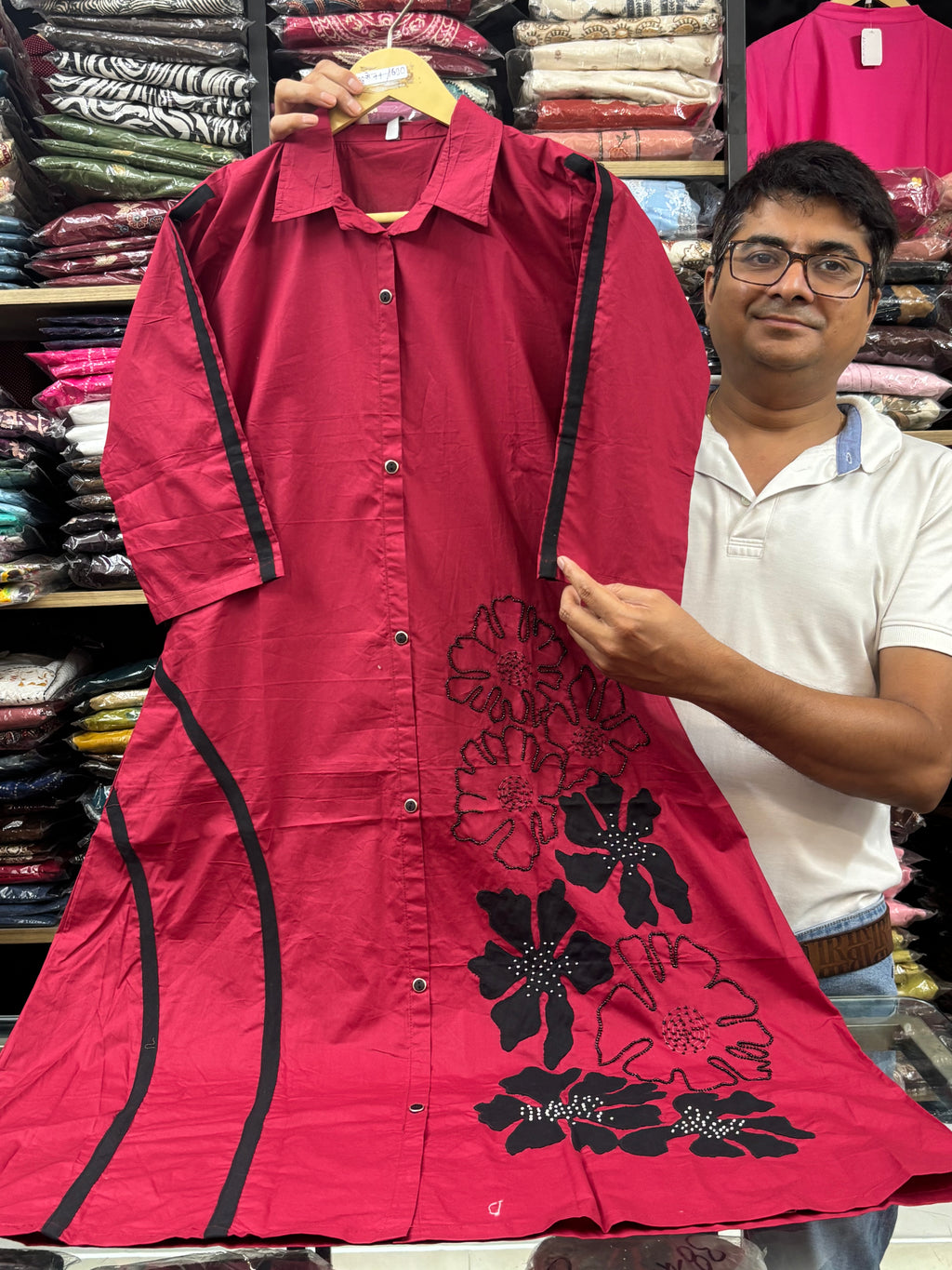 Maroon Embroidered Cotton long dress for women - image 3