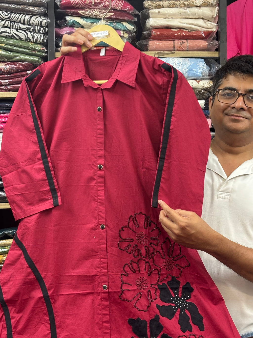 Women Maroon Embroidered Cotton Long Dress