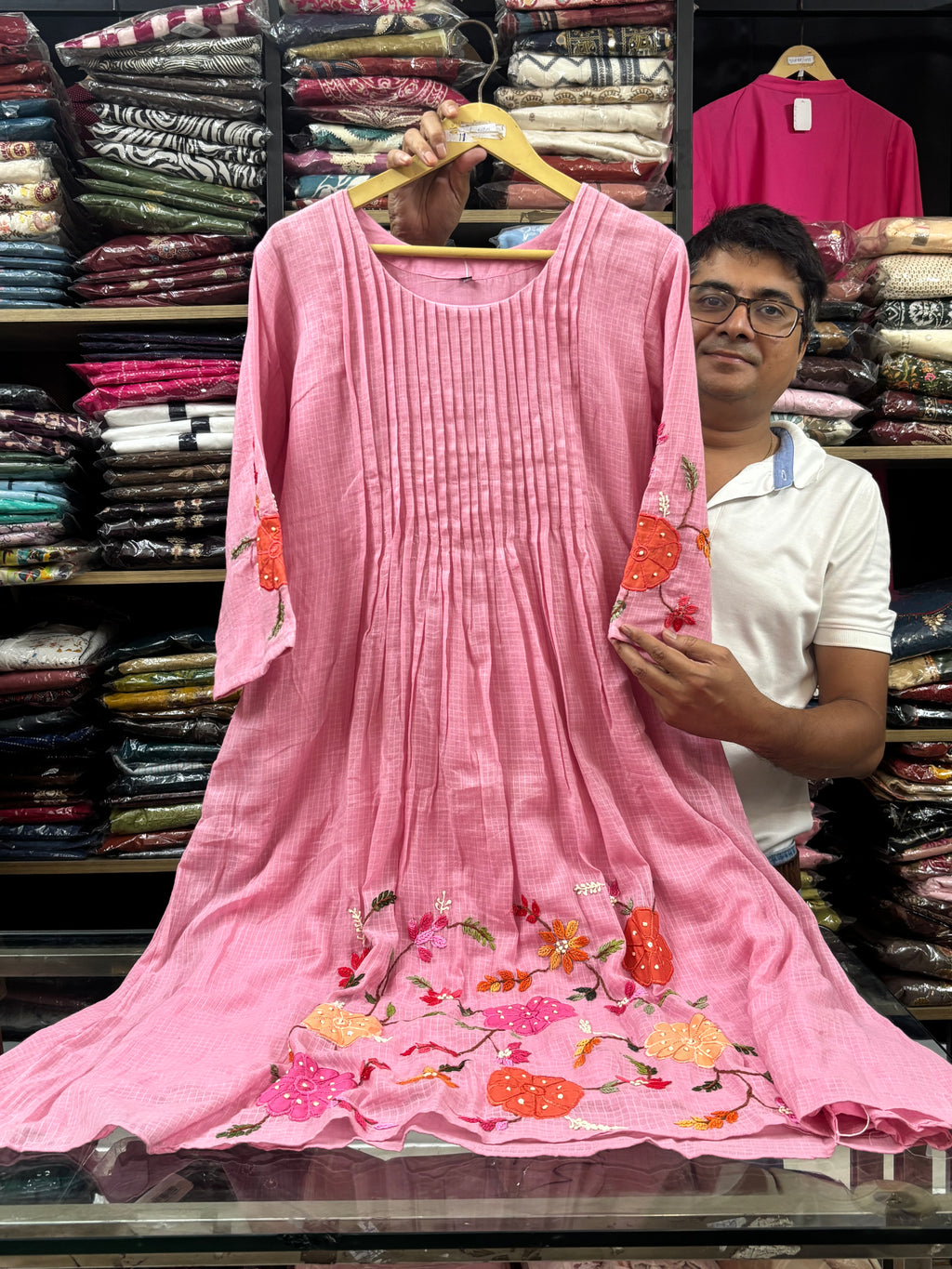 Pink Embroidered Cotton long dress for women - image 3