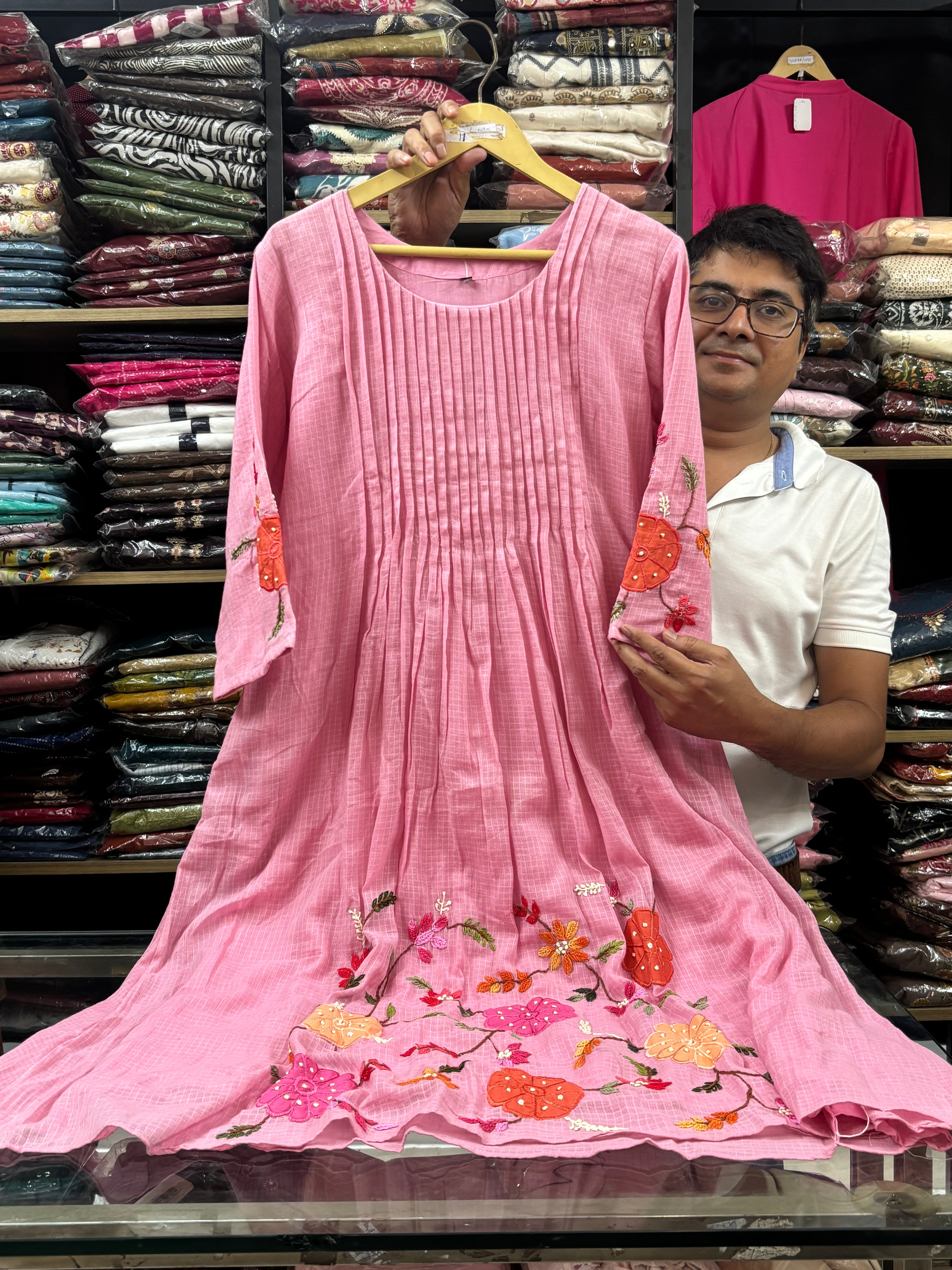 Pink Embroidered Cotton long dress for women - image 3