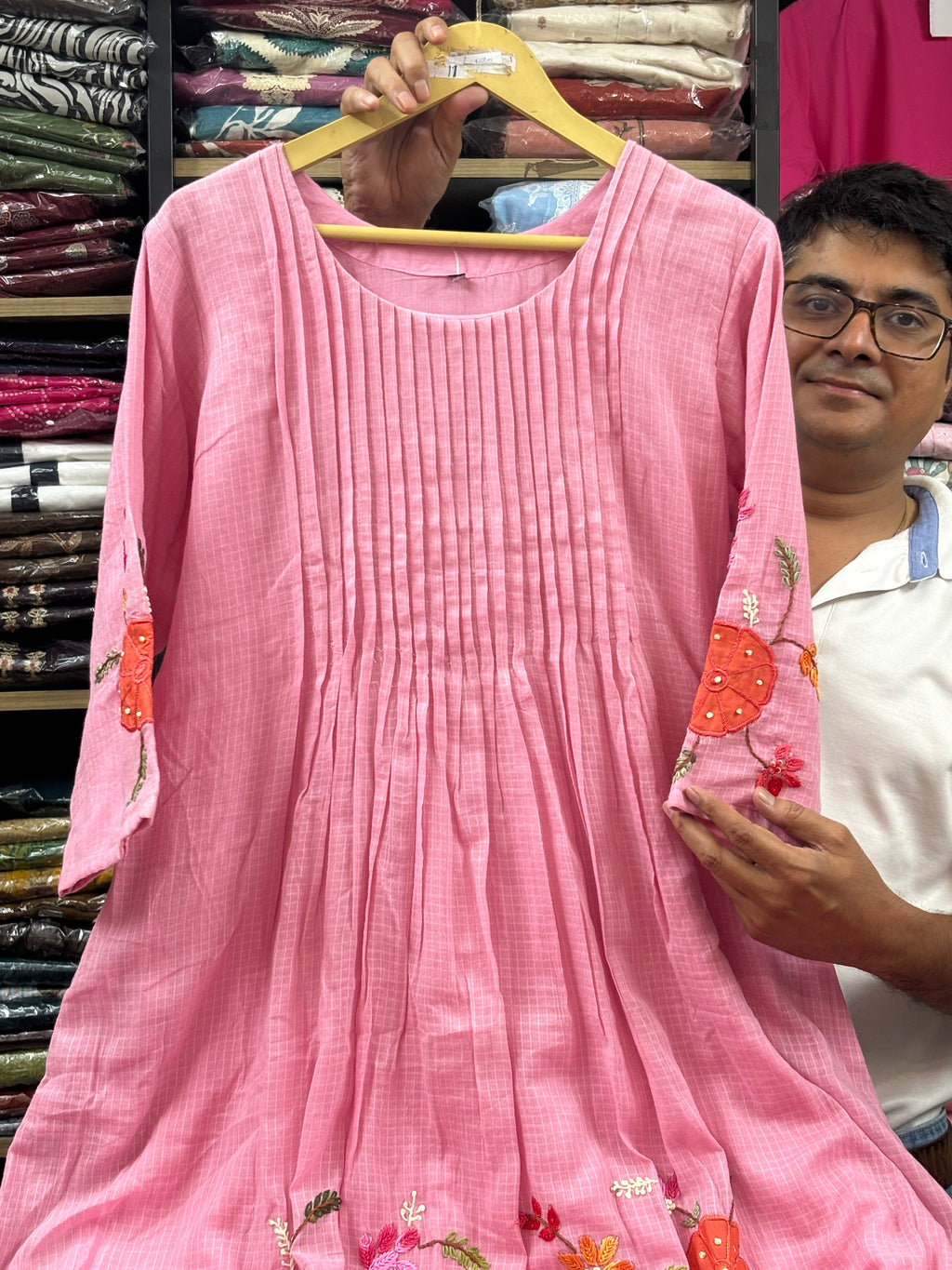 Women Pink Embroidered Cotton Long Dress