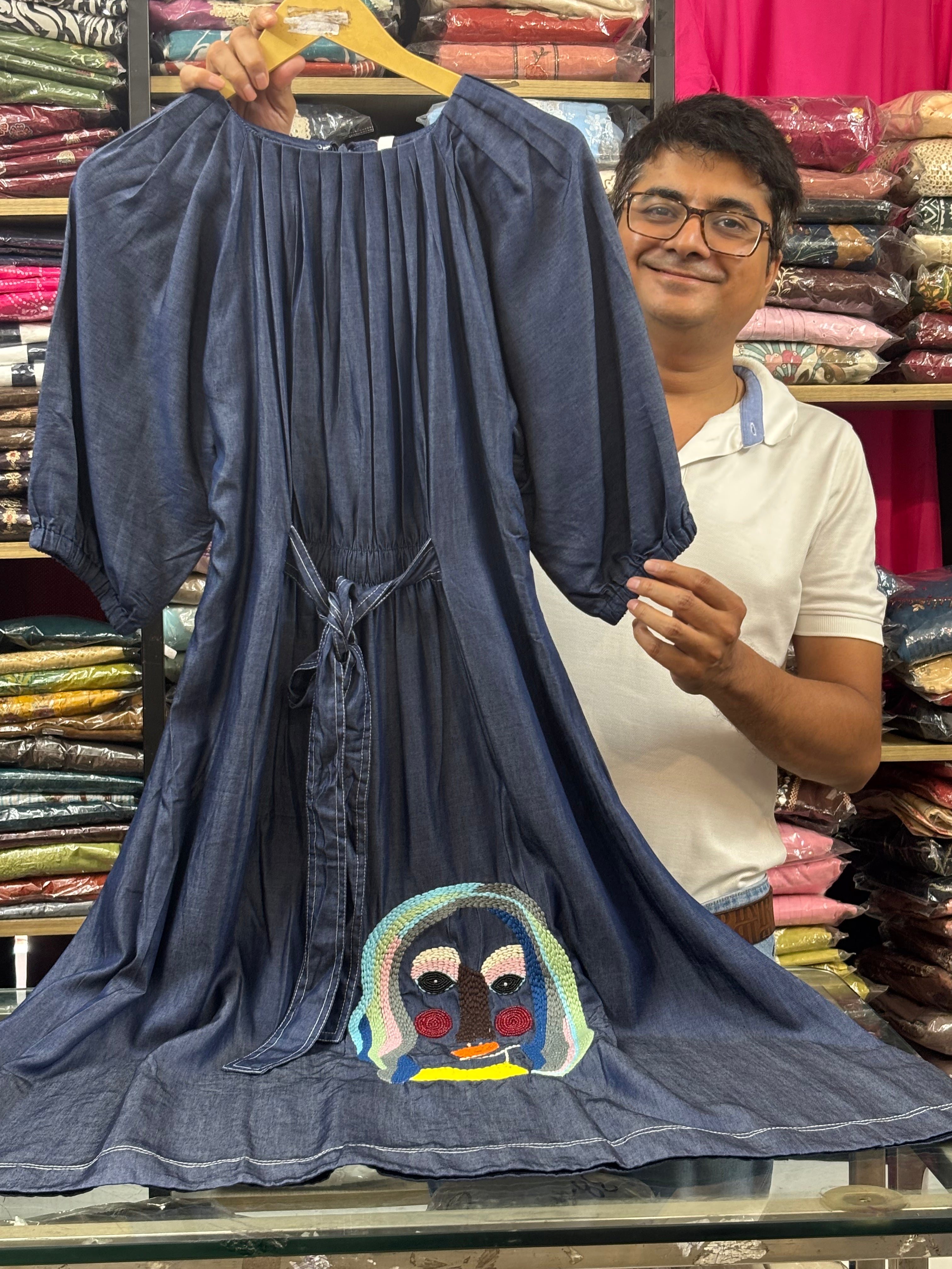 Blue Embroidered Denim dress for women - image 3