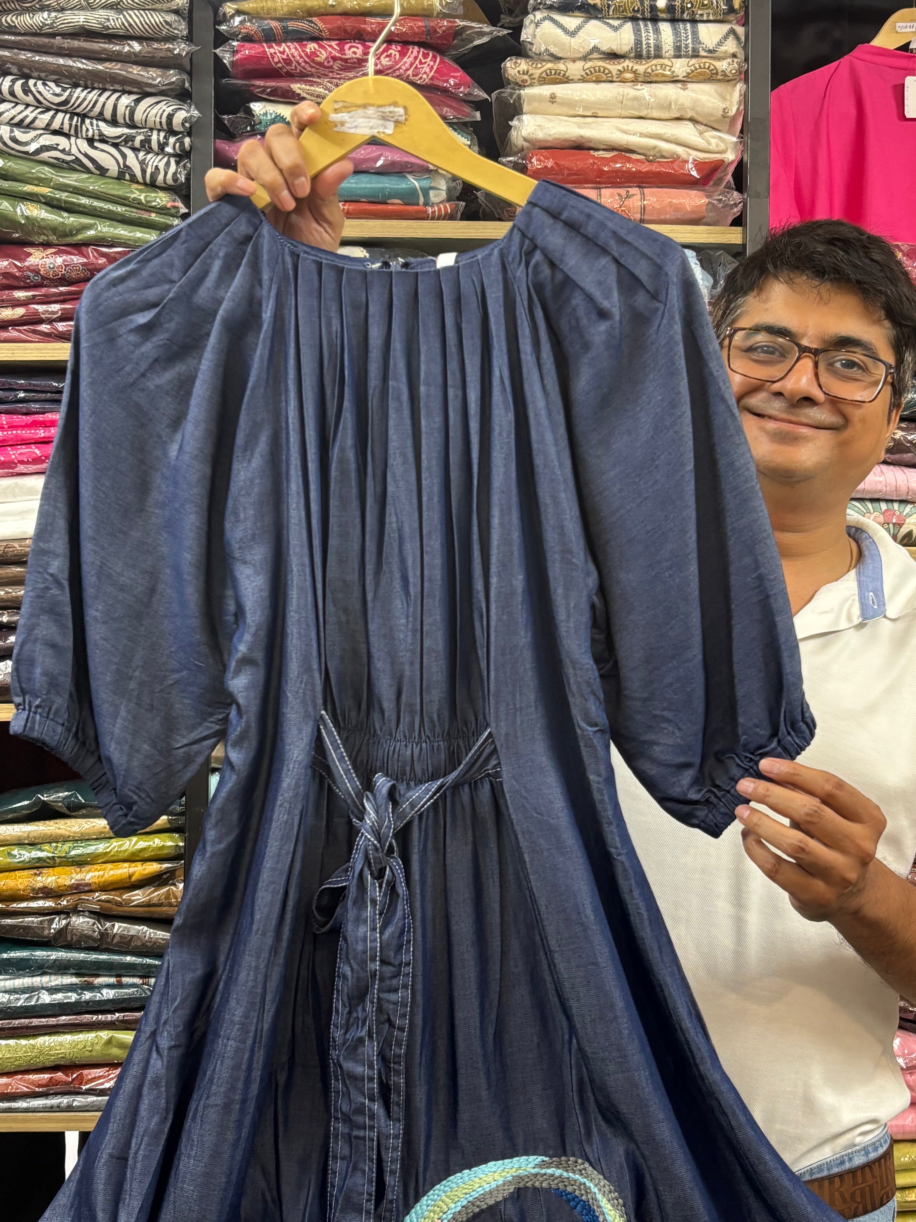 Women Blue Embroidered Denim Dress