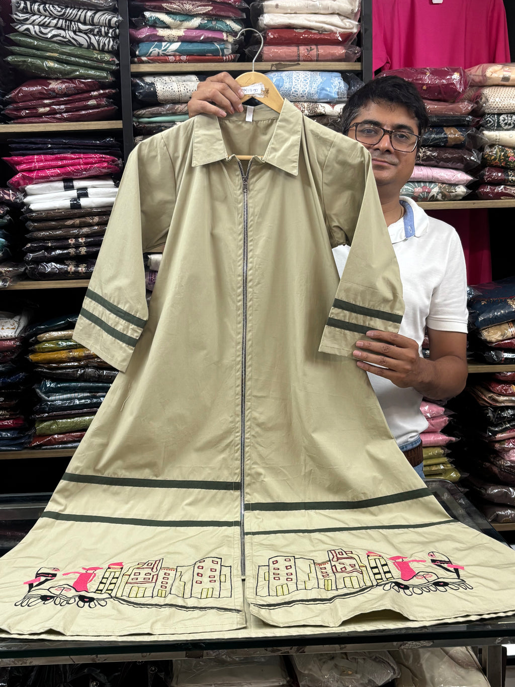 Beige Embroidered Cotton dress for women - image 3