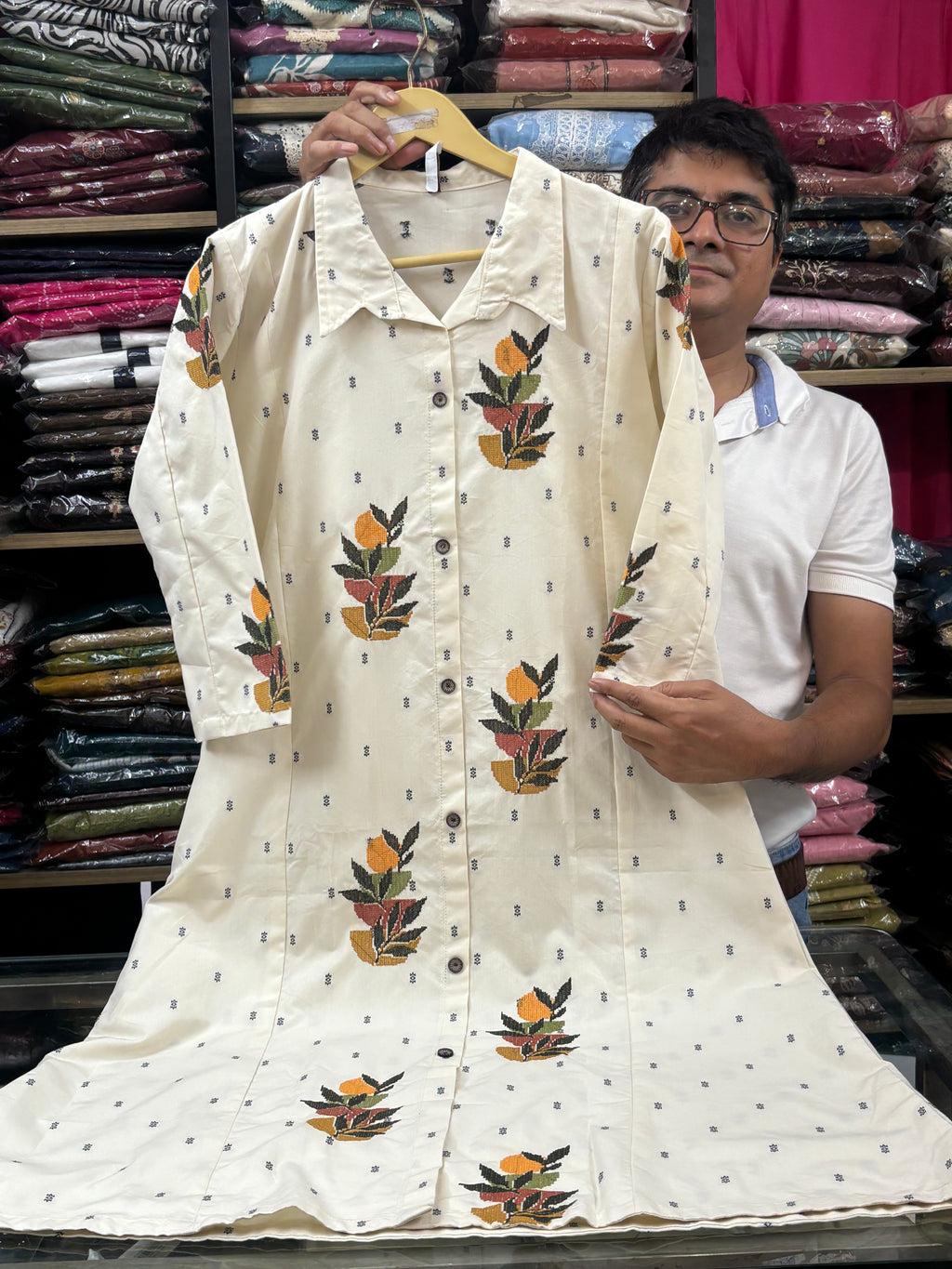 Cream Embroidered Cotton dress for women - image 3