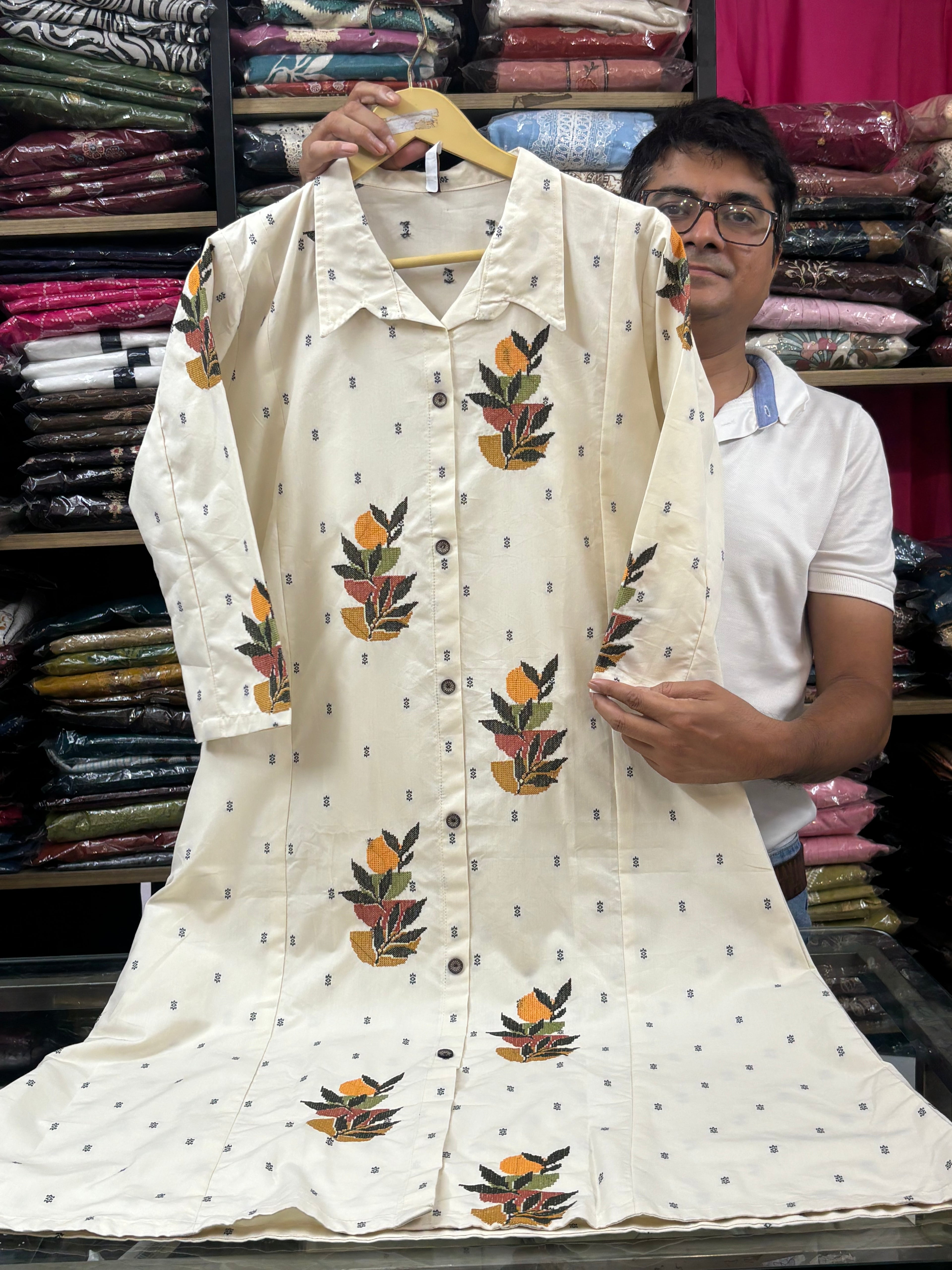Cream Embroidered Cotton dress for women - image 3