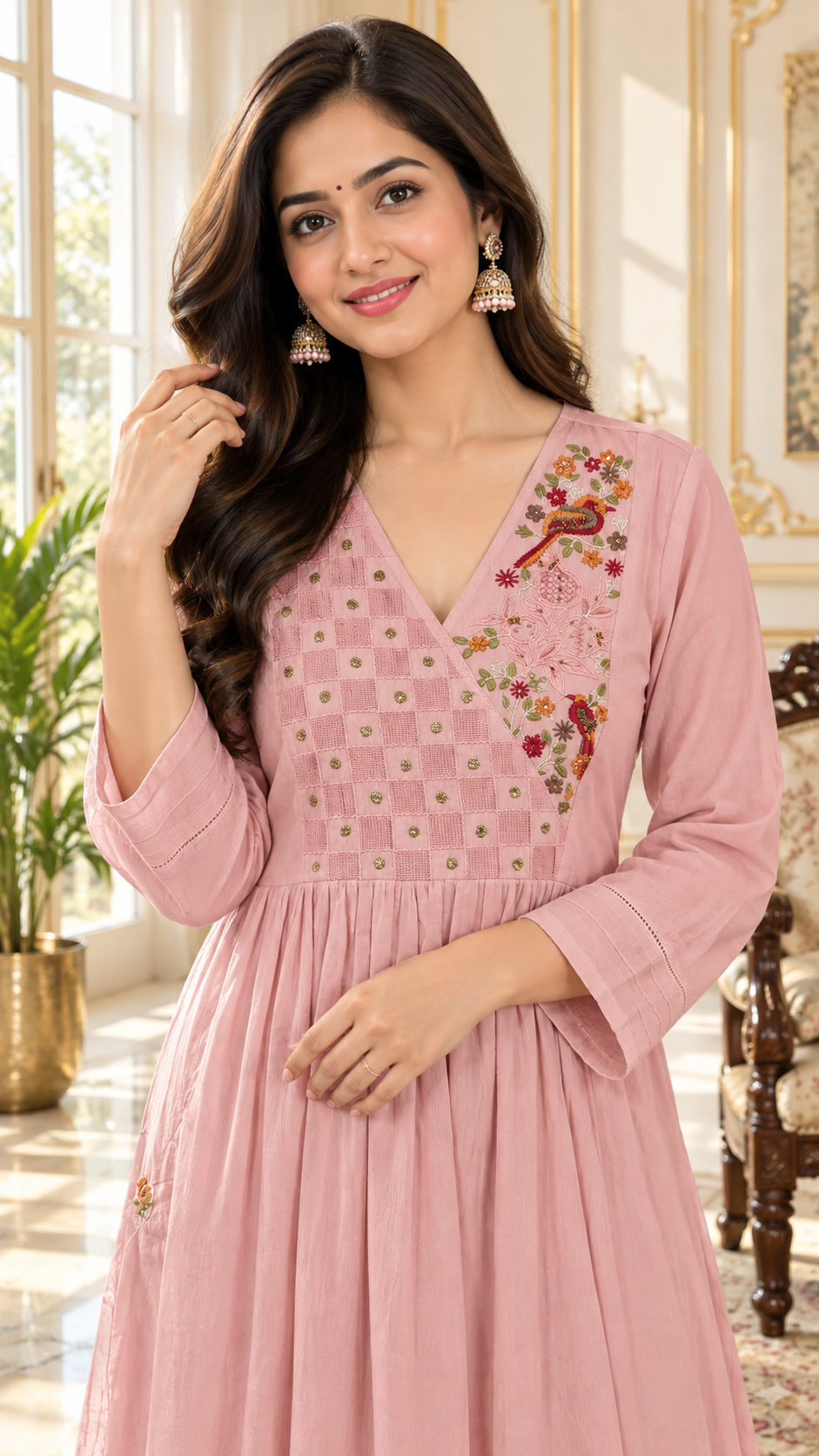 Pink Embroidered Cotton kurta pant dupatta set for women - image 1