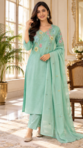 Green Embroidered Cotton kurta pant dupatta set for women - image 1