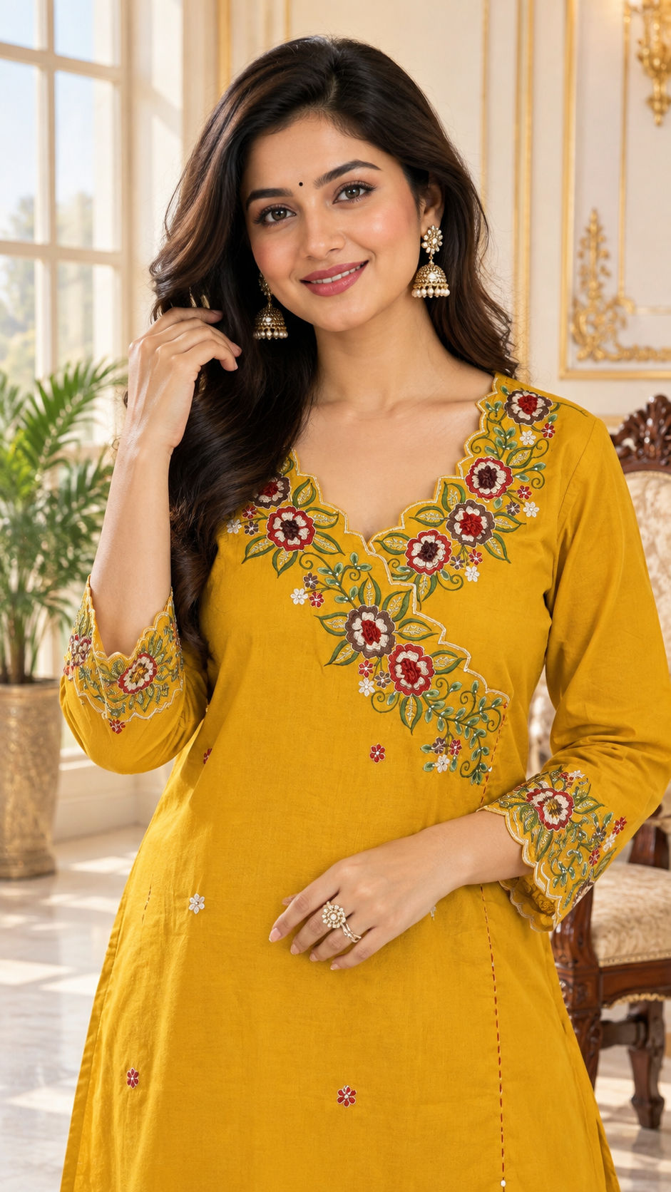 Yellow Cotton kurta pant dupatta set for women - image 1