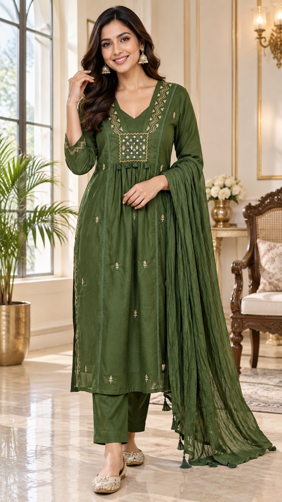 Olive Green Mirror Work Cotton kurta pant dupatta set for women - image 1