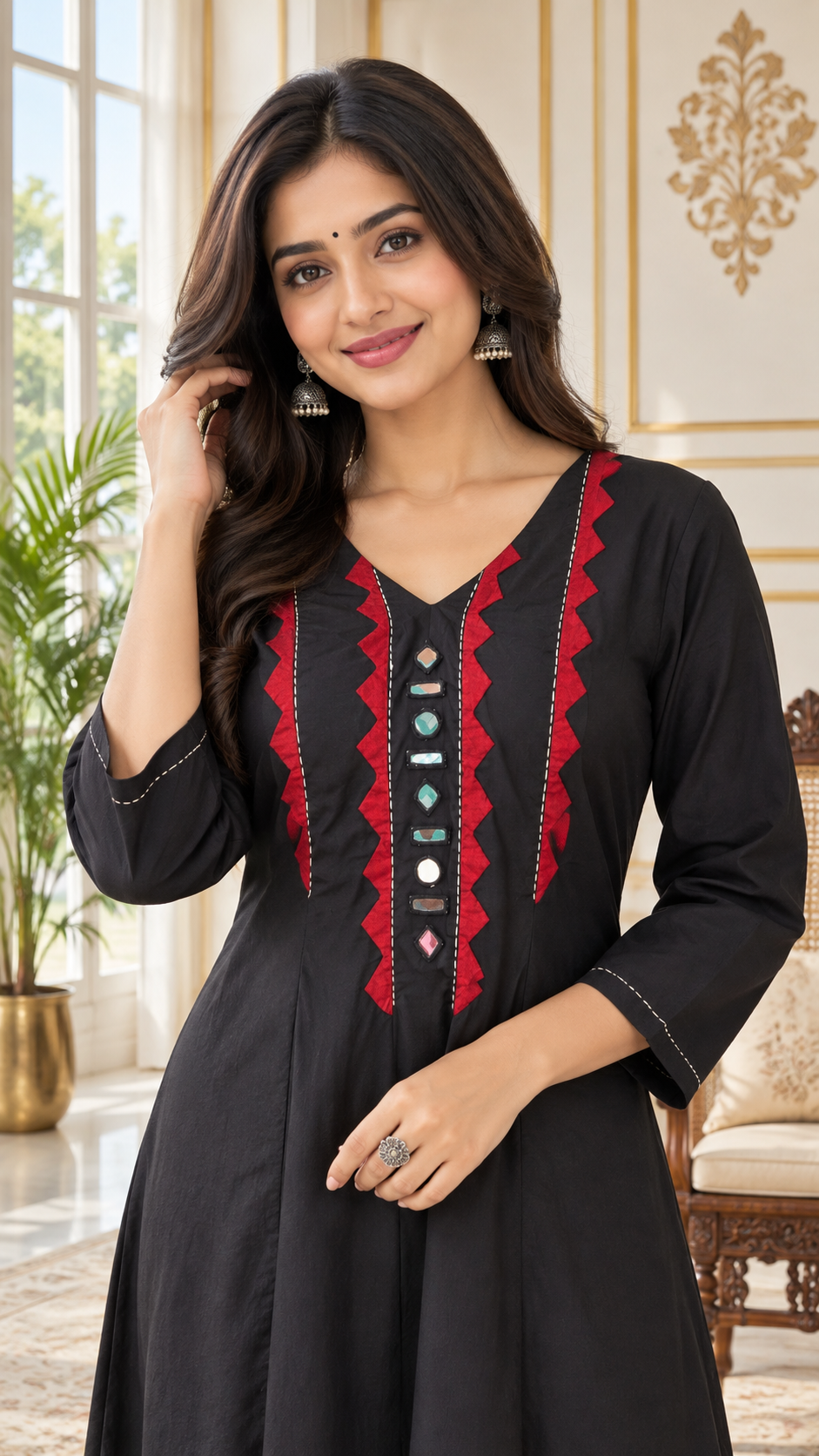 Black Mirror Work Cotton kurta pant dupatta set for women - image 1