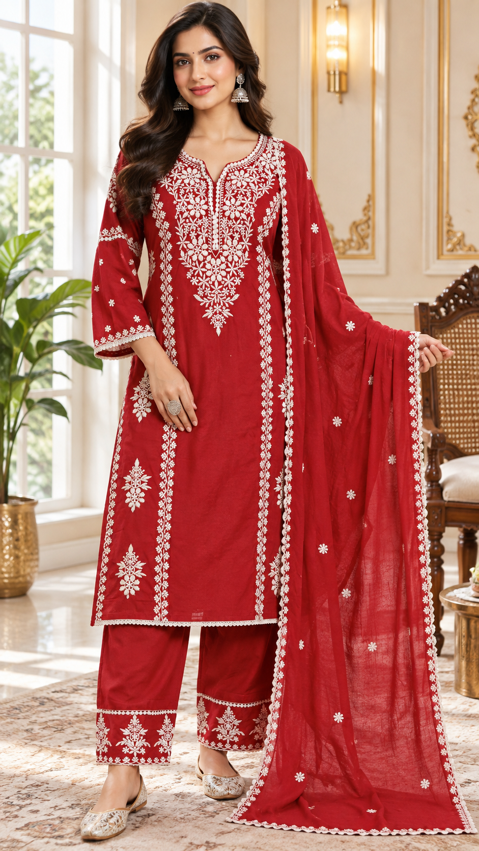 Red Chikankari Cotton kurta pant dupatta set for women - image 2