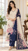 Beige Embroidered kurta pant dupatta set for women - image 1