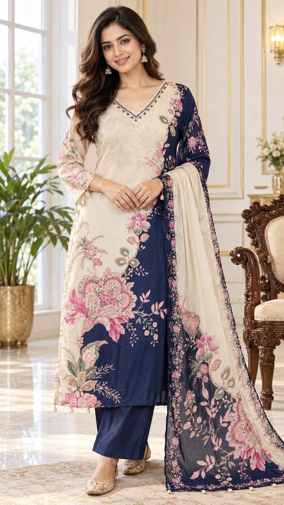 Beige Embroidered kurta pant dupatta set for women - image 1