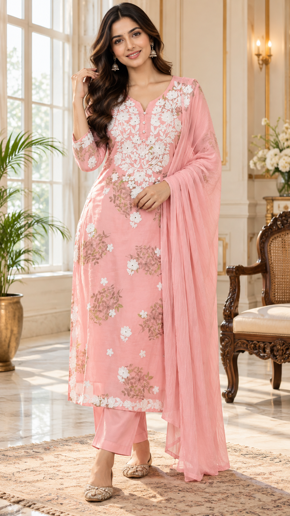 Pink Chikankari Cotton kurta pant dupatta set for women - image 1