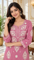 Pink Lucknowi Chikankari Cotton kurta pant dupatta set for women - image 1