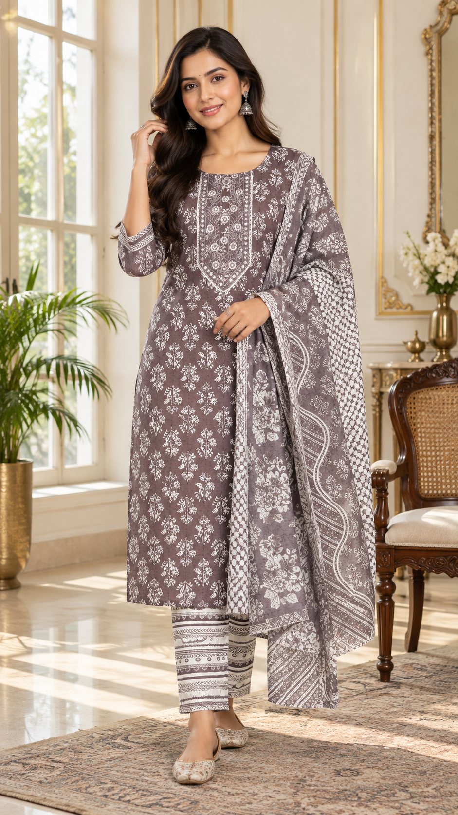 Gray Cotton kurta pant dupatta set for women - image 1