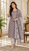 Gray Cotton kurta pant dupatta set for women - image 1