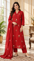Red Embroidered Cotton kurta pant dupatta set for women - image 1