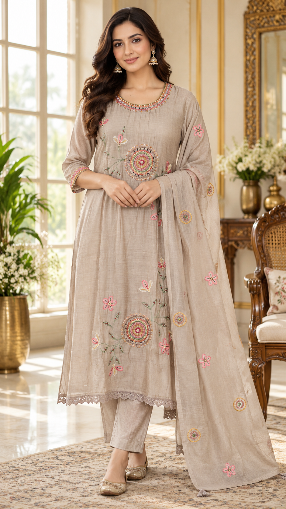 Nude Pink Embroidered Mul Chanderi kurta pant dupatta set for women - image 1