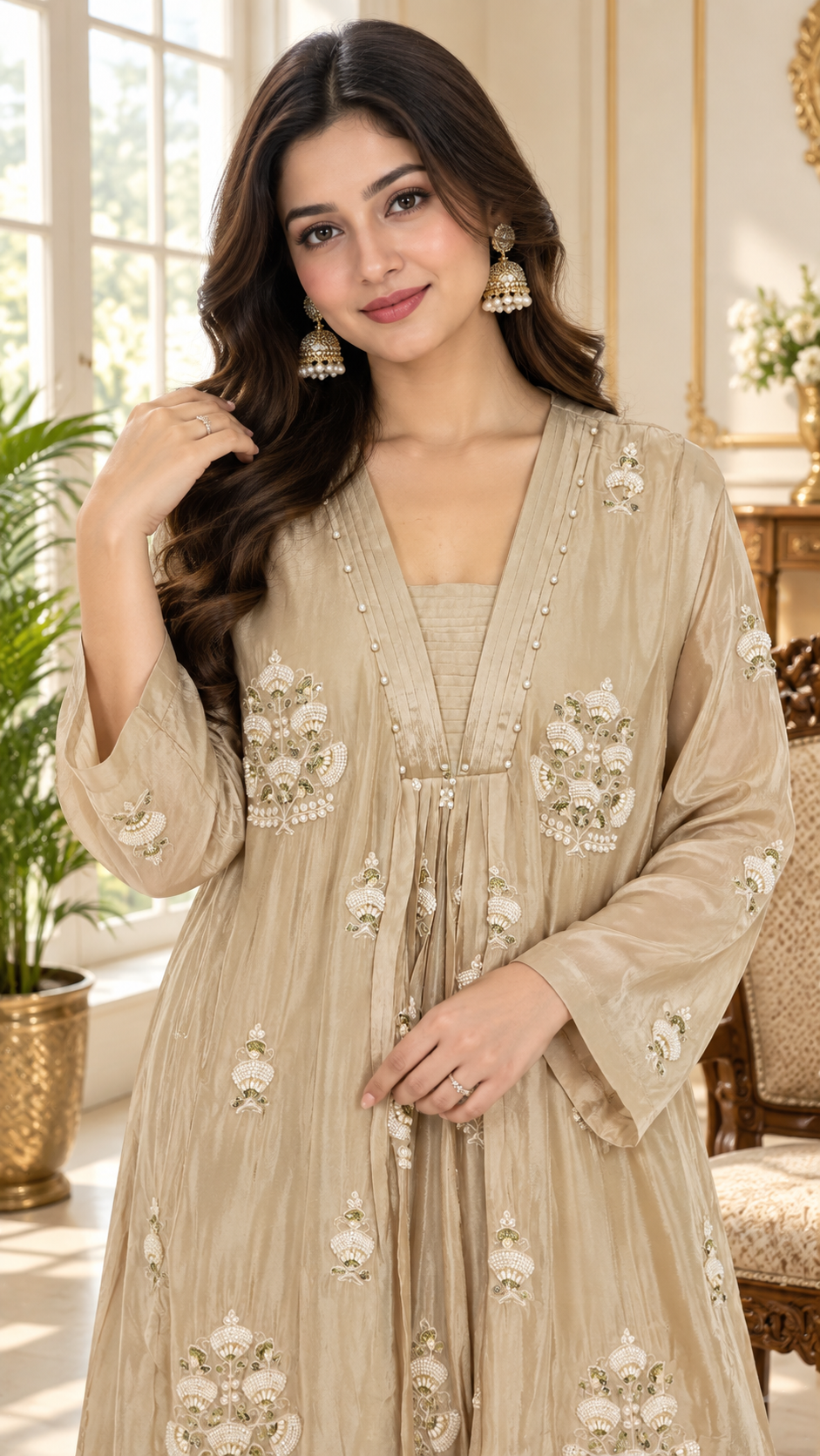 Cream Hand Embroidered Chinon kurta pant dupatta set for women - image 1