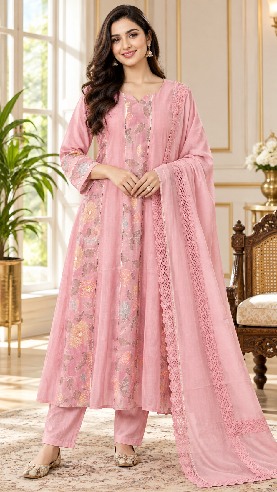 Pink Embroidered Silk kurta pant dupatta set for women - image 2