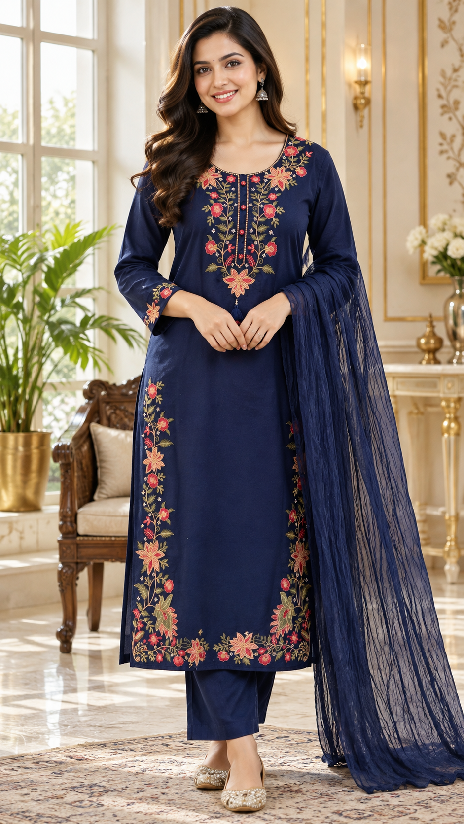 Blue Embroidered Cotton kurta pant dupatta set for women - image 1