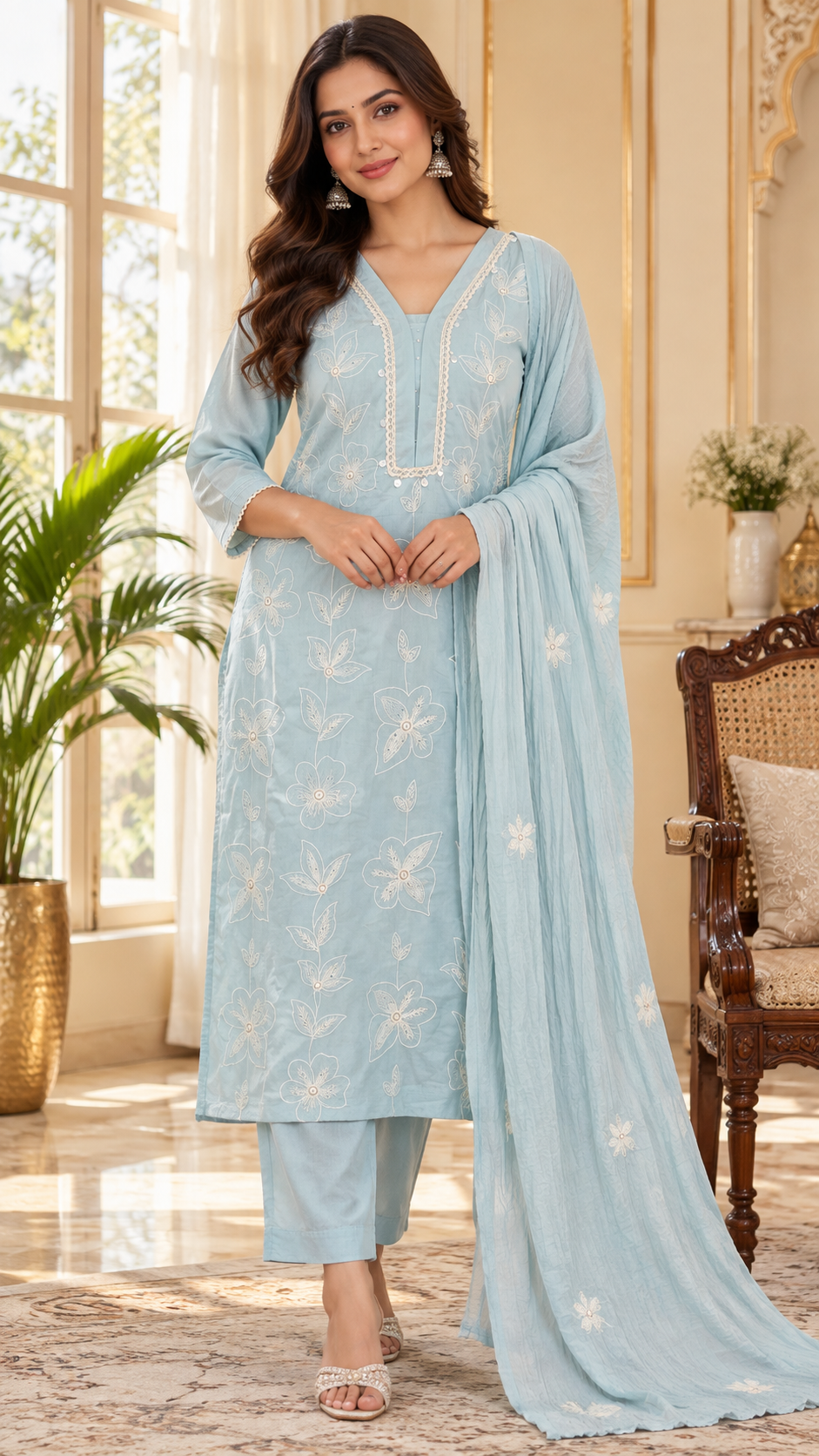 Sky Blue Embroidered Cotton kurta pant dupatta set for women - image 1
