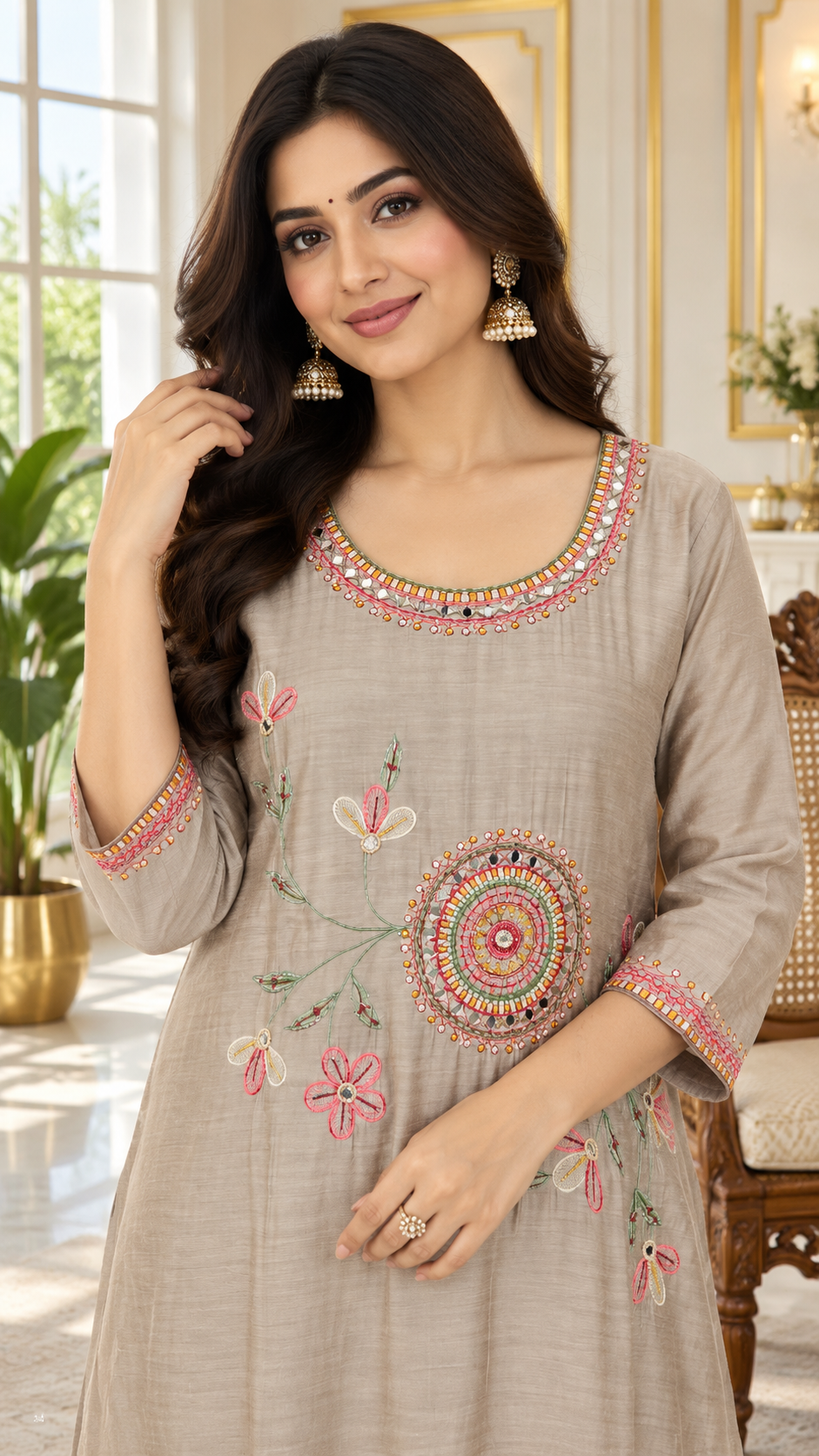 Nude Pink Embroidered Mul Chanderi kurta pant dupatta set for women - image 2