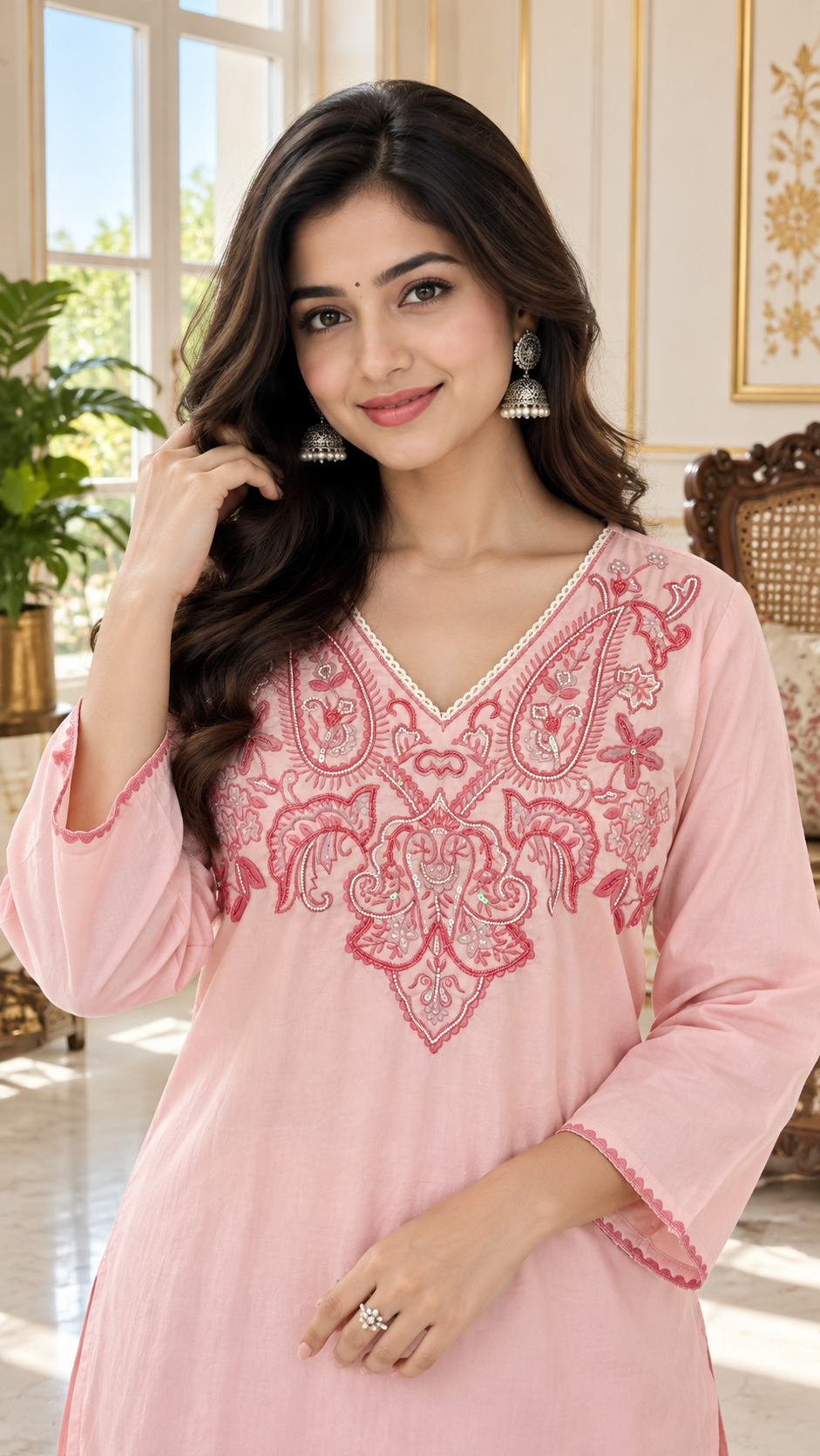 Pink Embroidered Cotton kurta pant dupatta set for women - image 1