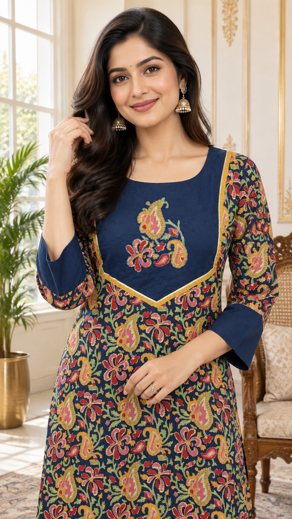 Blue Embroidered Cotton kurta pant dupatta set for women - image 1