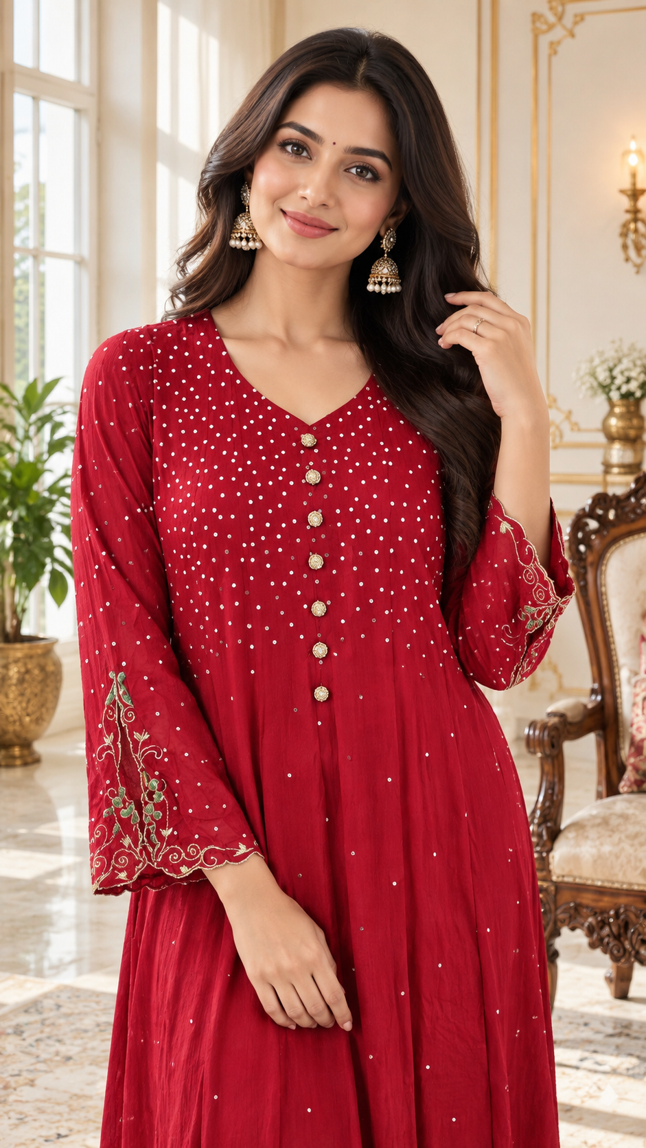 Red Embroidered kurta pant dupatta set for women - image 2