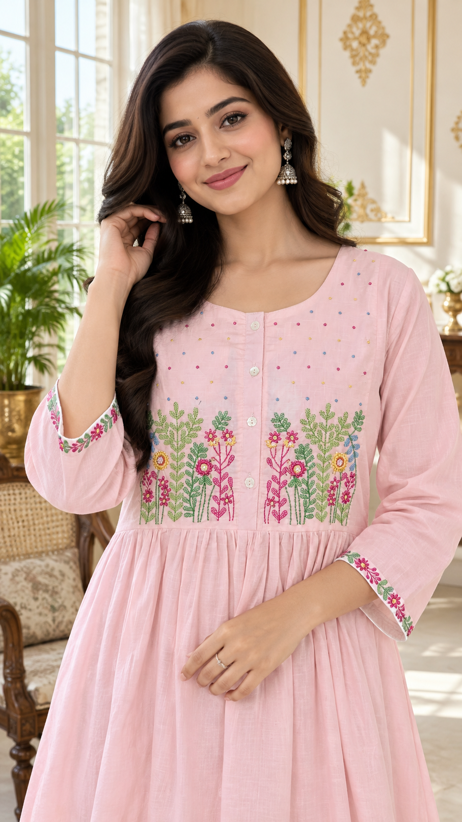 Pink Embroidered Cotton kurta pant dupatta set for women - image 1