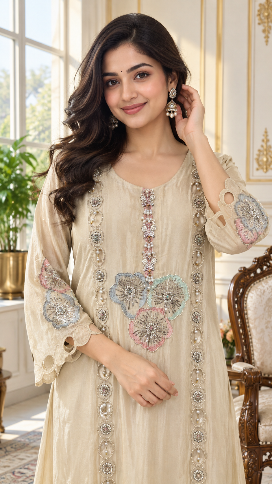 Beige Embroidered Tissue kurta pant dupatta set for women - image 1