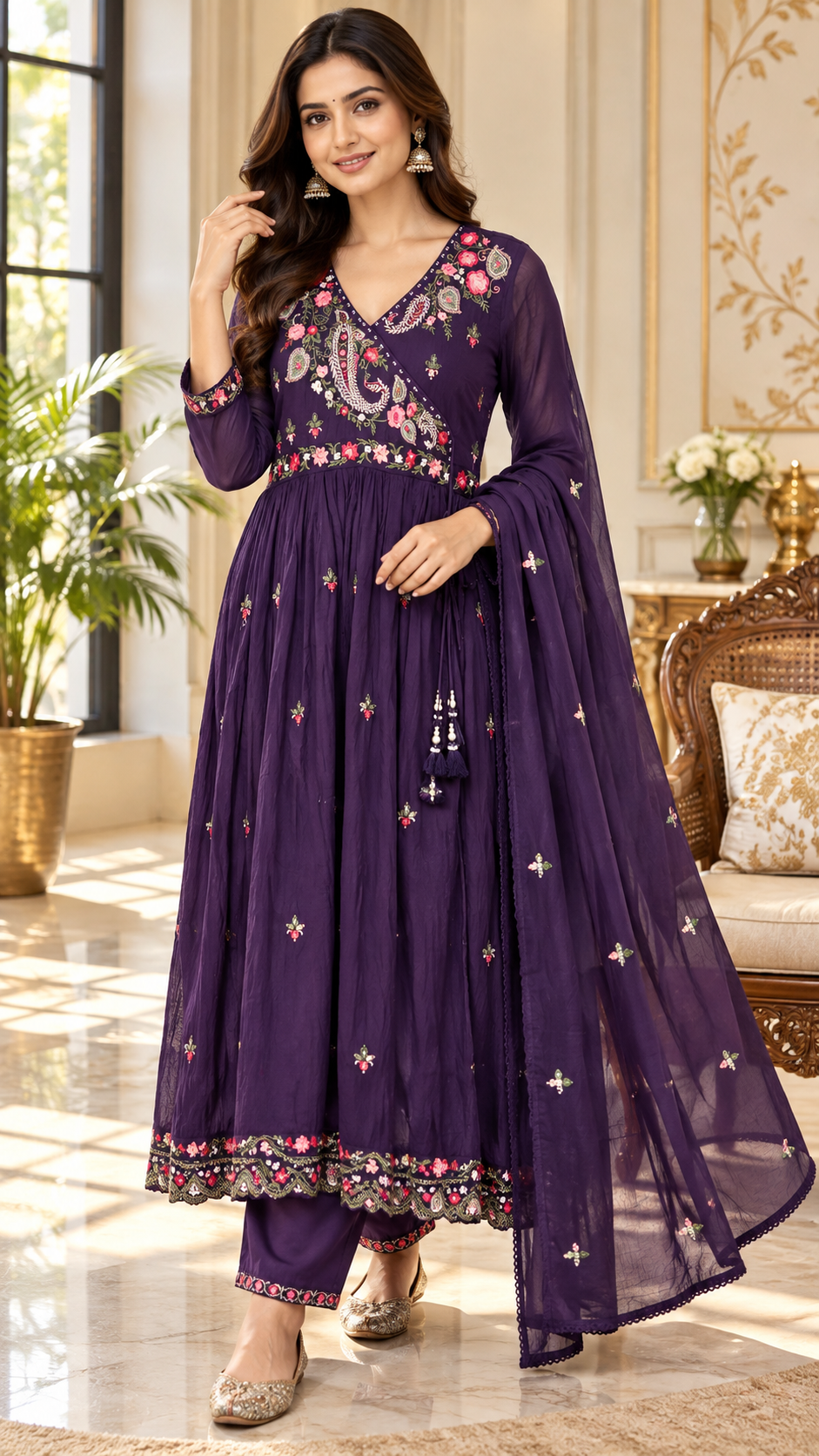 Purple Embroidered Cotton kurta pant dupatta set for women - image 1