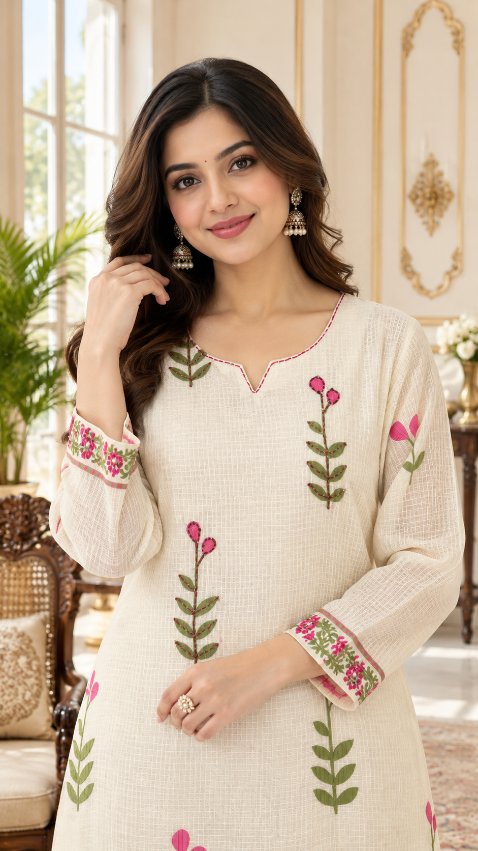 White Printed Kota Cotton kurta pant dupatta set for women - image 1