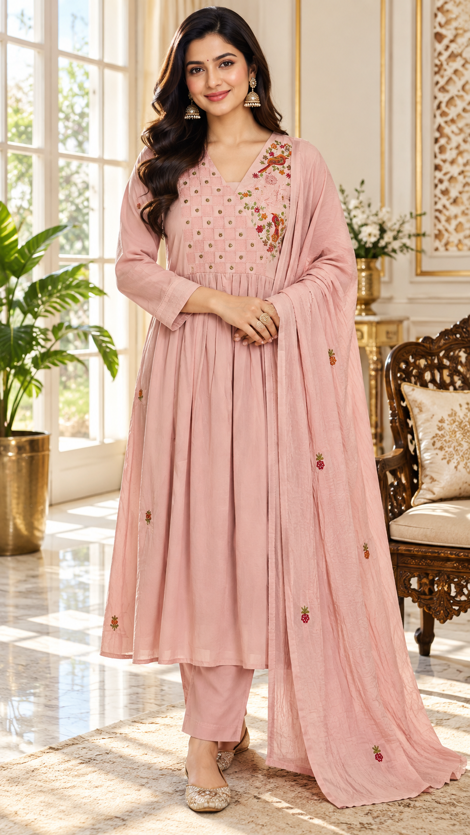 Pink Embroidered Cotton kurta pant dupatta set for women - image 2