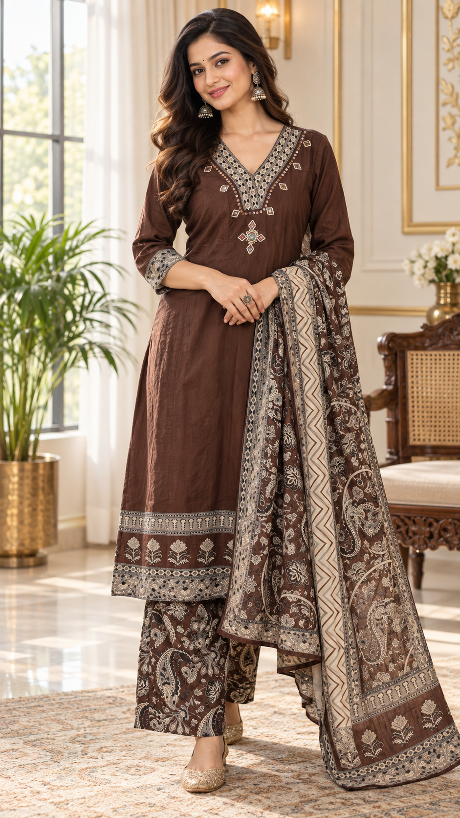 Brown Mirror Work Cotton kurta pant dupatta set for women - image 1