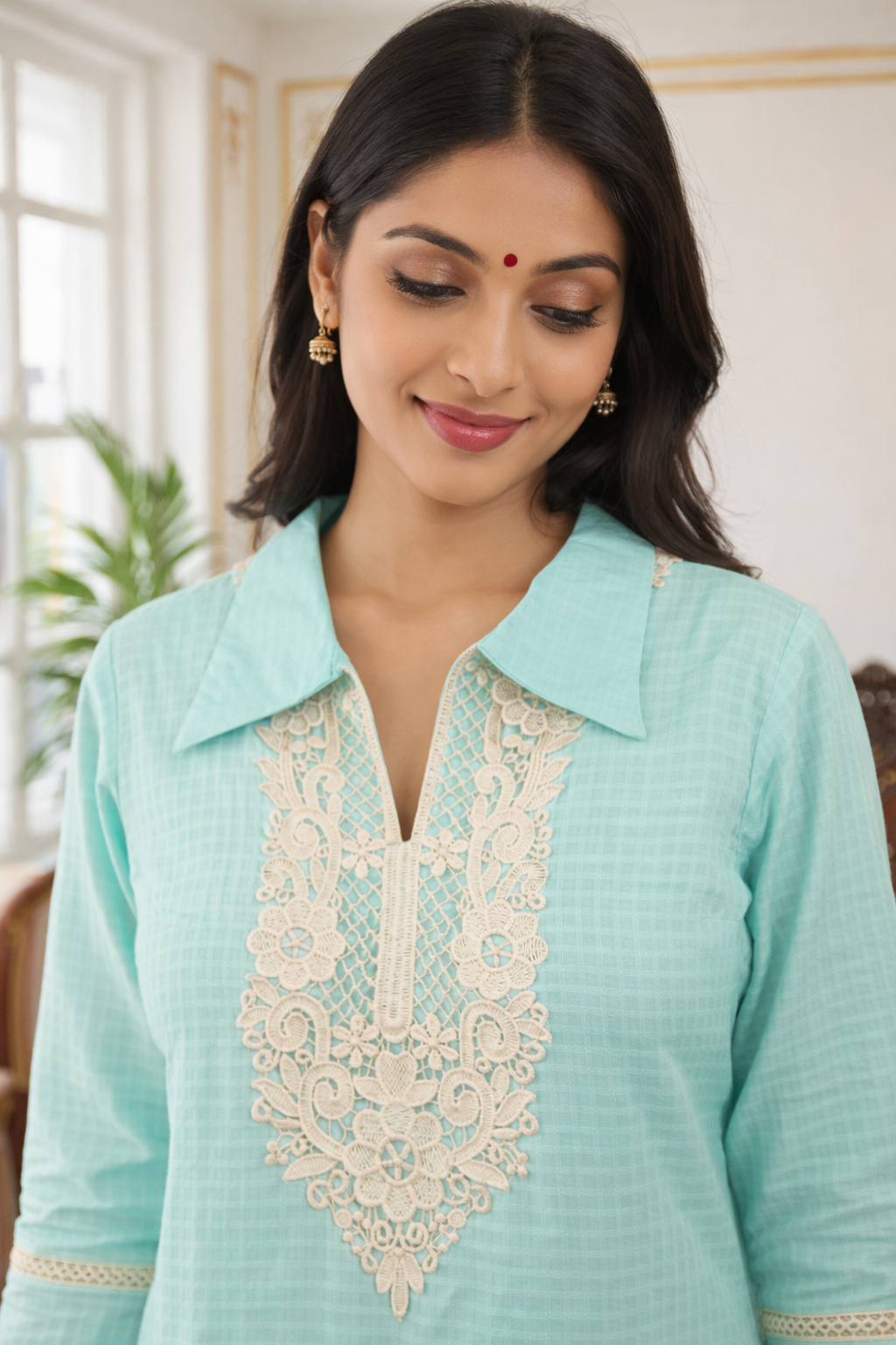 Women Sky Blue Thread Chikankari Embroidered Cotton Kurta Pant Set