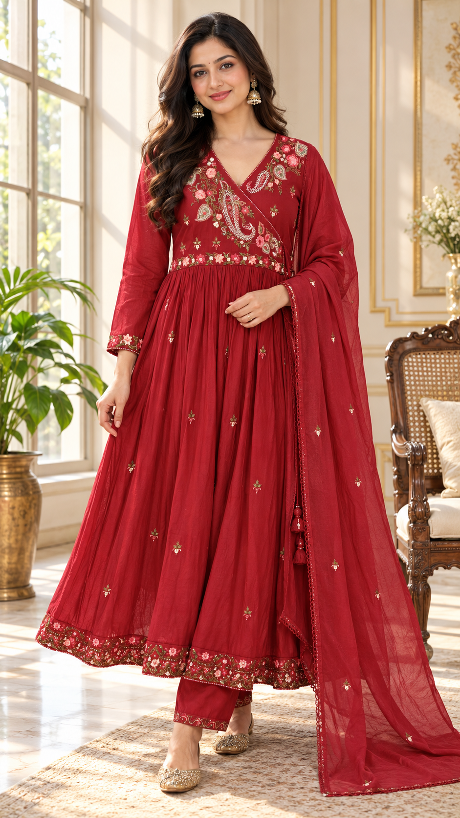 Red Embroidered Cotton kurta pant dupatta set for women - image 1
