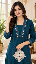 Blue Embroidered Cotton kurta pant dupatta set for women - image 1