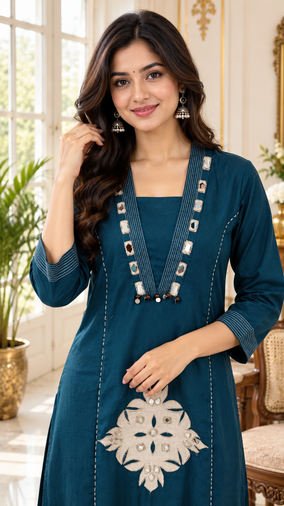 Blue Embroidered Cotton kurta pant dupatta set for women - image 1