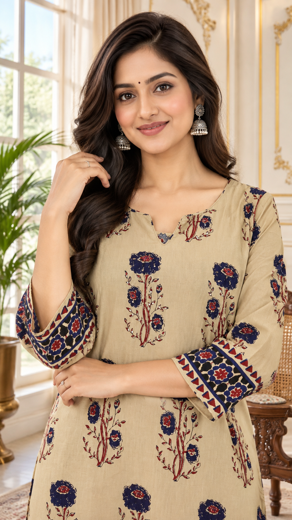 Beige Floral Printed Cotton kurta pant dupatta set for women - image 1