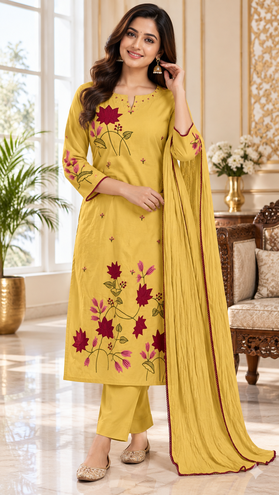 Yellow Embroidered Cotton kurta pant dupatta set for women - image 1