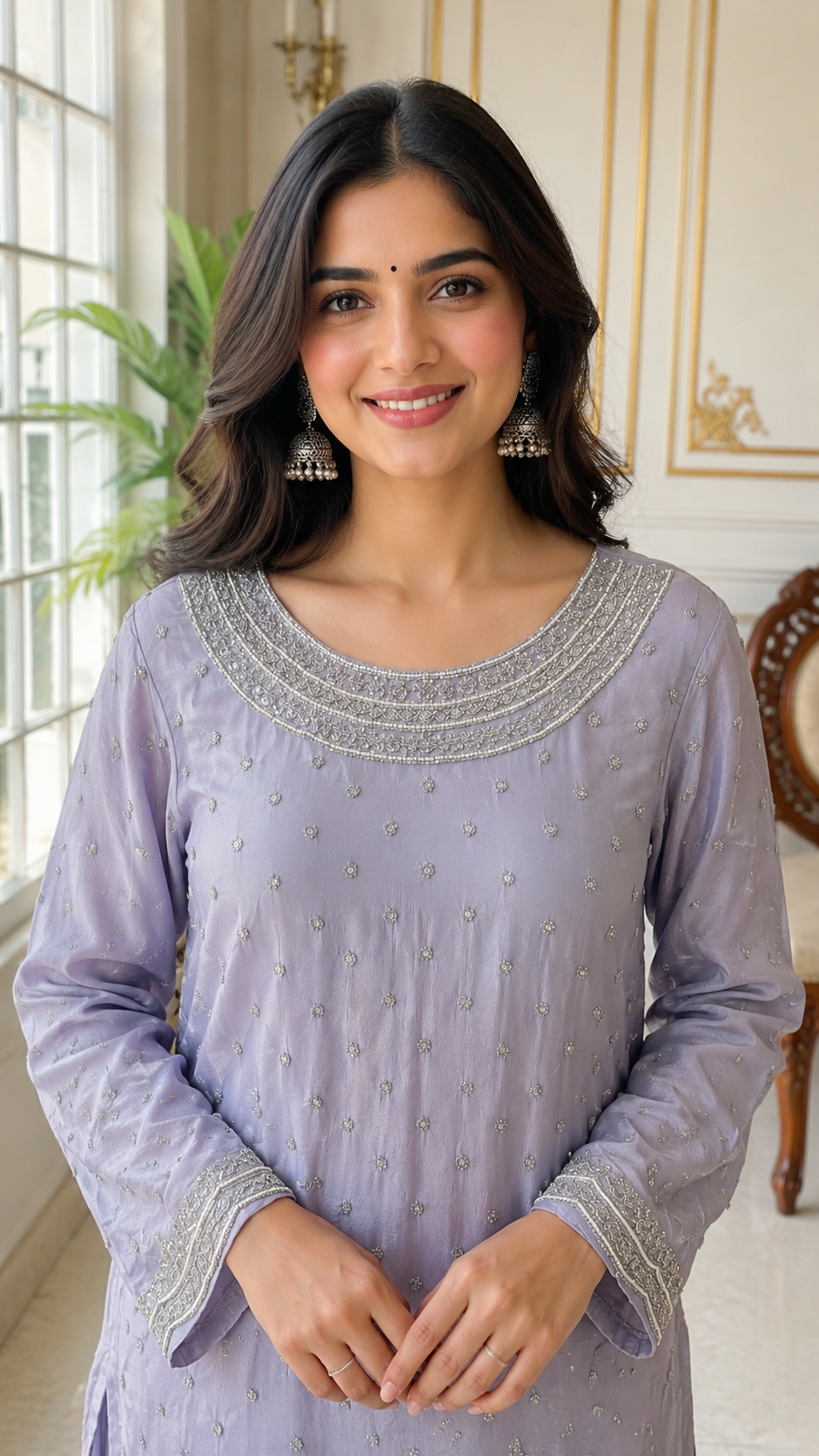 Women Lavender Hand Embroidered Tissue Sharara Set