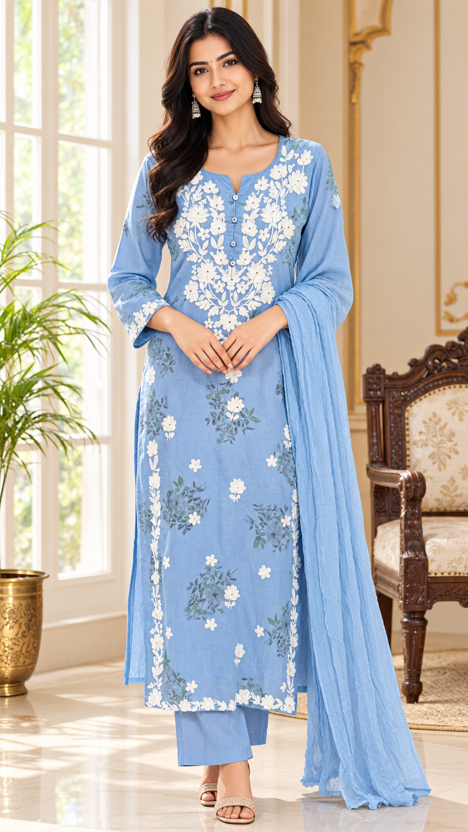 Blue Chikankari Cotton kurta pant dupatta set for women - image 1